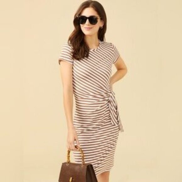 J. McLaughlin Elora Dress in Bangle Stripe Brown/White Catalina Cloth - Picture 1 of 6